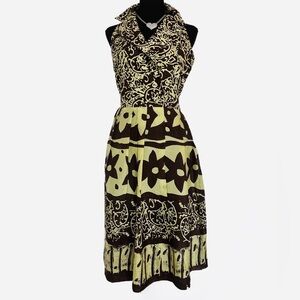 SUZI CHEN for Maggy Boutique ~ Brown and Chartreuse Patterned Midi Dress size 8